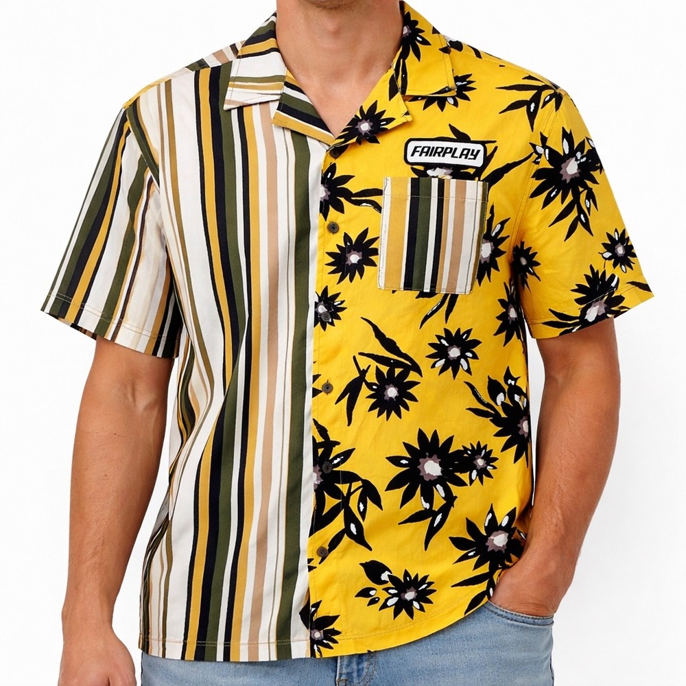 Fairplay Tavi Short Sleeve Bowling Shirt Yellow Split Floral Stripe Medium NWT